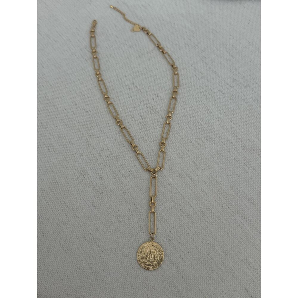 Gold Pressed Coin Lavalier Necklace with Design. 16 inch Paper Clip Chain